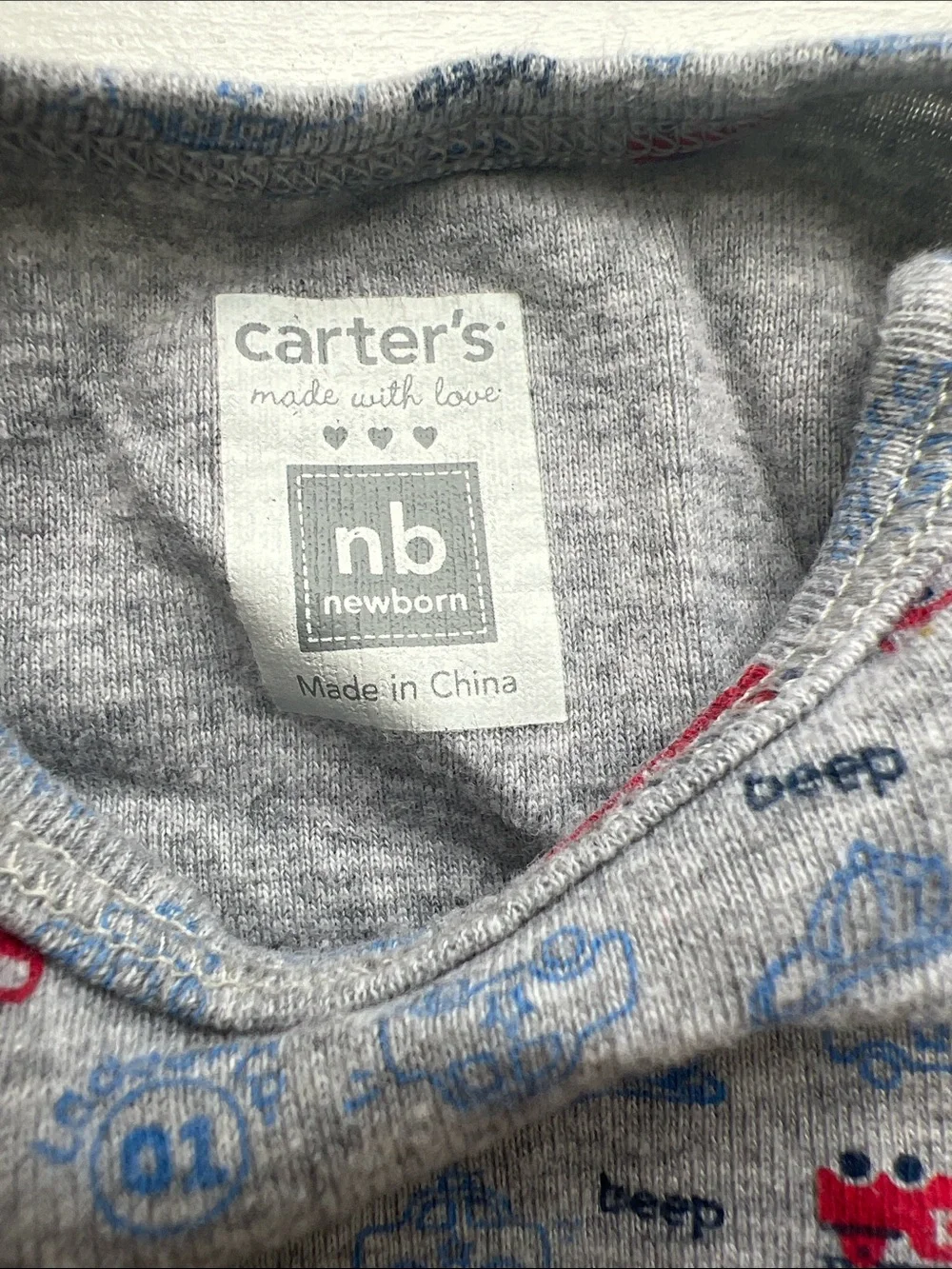 2 Carter's Gray Short-Sleeve Onesie with Red Fire Truck & Blue Car Print